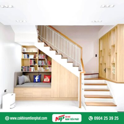 Mẫu cầu thang sắt tay vịn gỗ đẹp