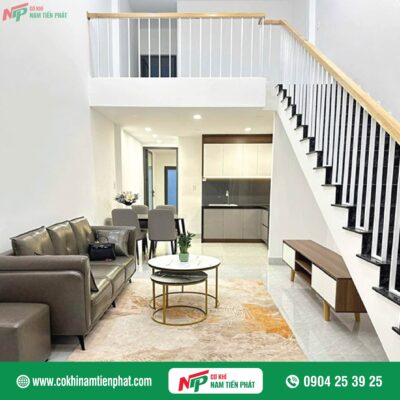 Mẫu cầu thang sắt tay vịn gỗ đẹp